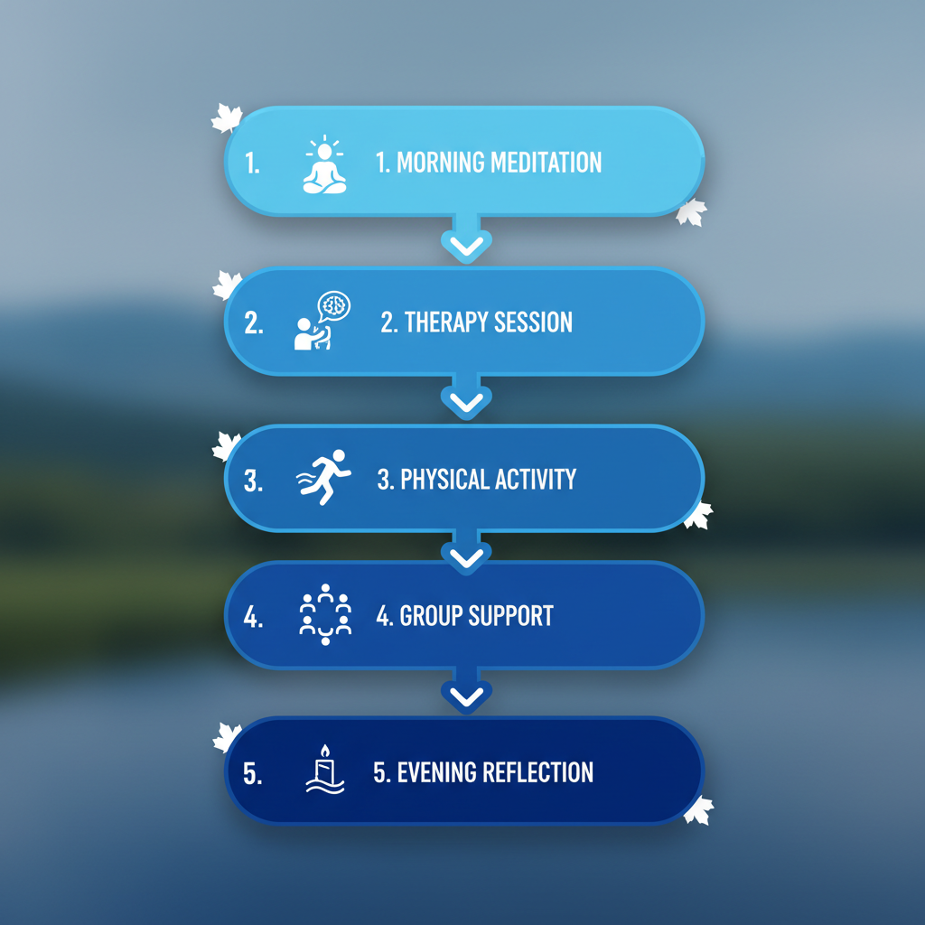 Vertical process flow diagram illustrating a typical day in a holistic addiction treatment program with five stages connected by arrows.