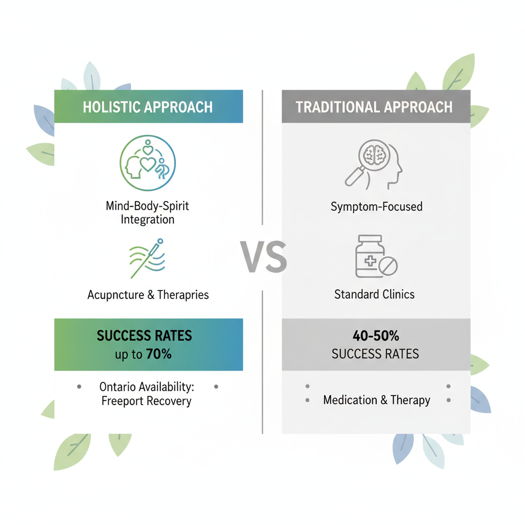 Infographic comparing holistic and traditional addiction treatment, showing icons, success rates up to 70% vs 40-50%, and Ontario wellness features.
