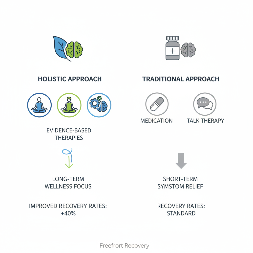Infographic comparing holistic and traditional mental health treatment approaches for addiction recovery