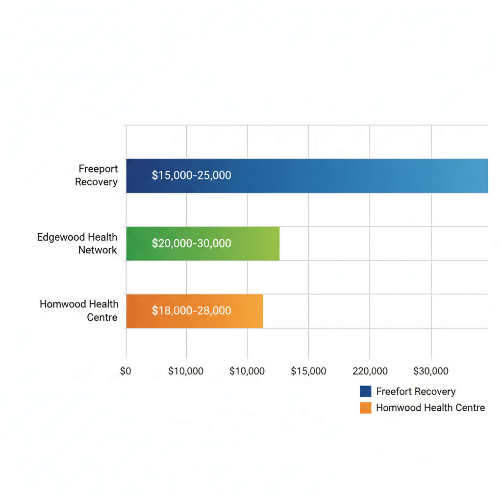 Horizontal bar chart comparing cost ranges for 30-day addiction treatment programs at Freeport Recovery, Edgewood Health Network, and Homewood Health Centre in Ontario.