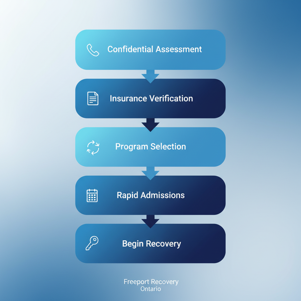 Vertical process flow diagram illustrating the five-stage admissions process for private addiction treatment, including confidential assessment, insurance verification, program selection, rapid admissions, and beginning recovery.