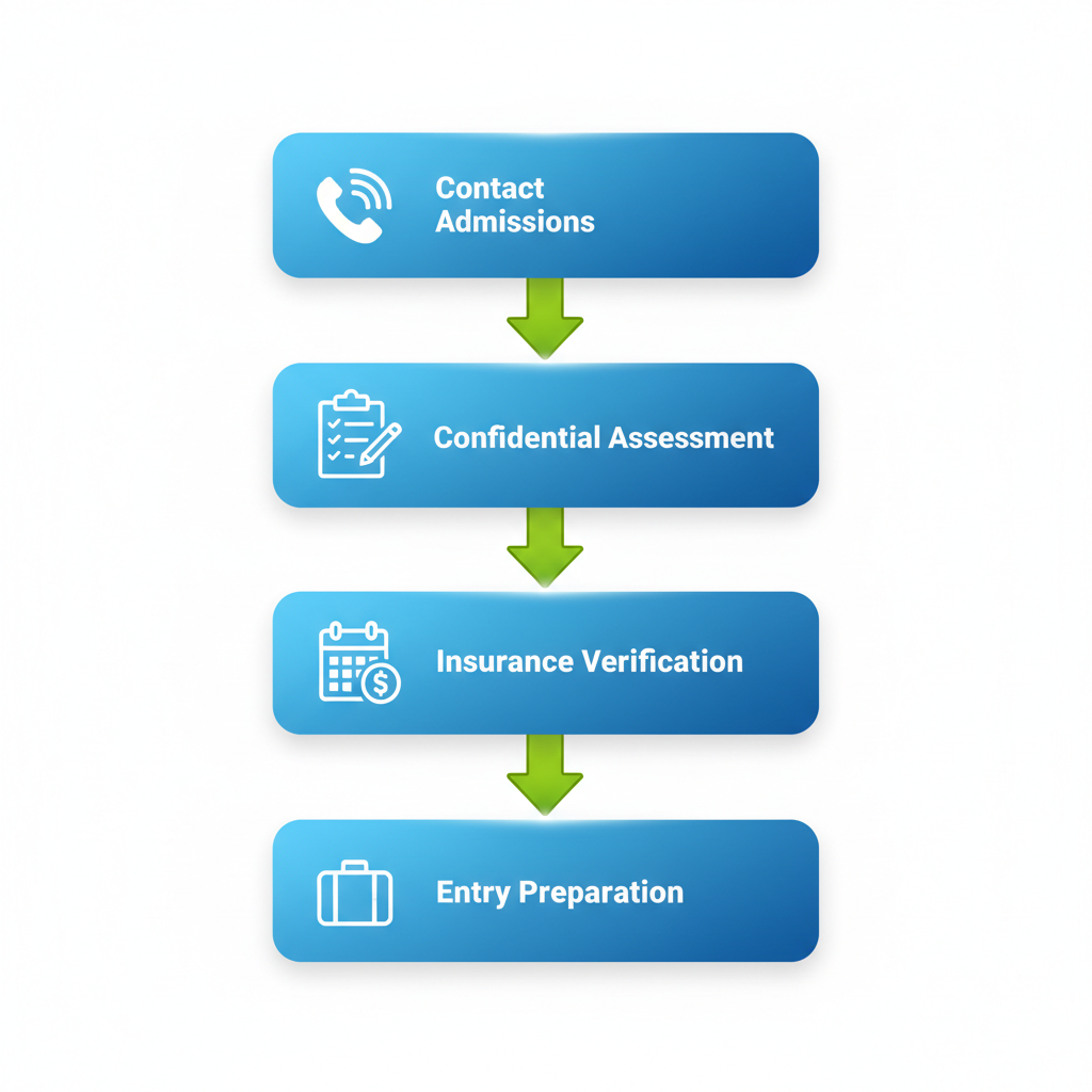 Vertical process flow diagram depicting five key steps to start addiction treatment: contact, assessment, verification, planning, and preparation.