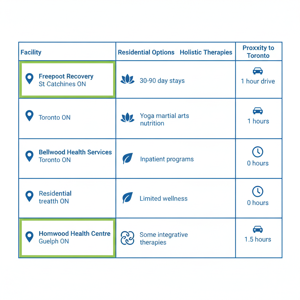 Comparison table of alcohol rehab centers in Ontario showing facilities, locations, programs, therapies, and proximity to Toronto for accessibility in mental health services.