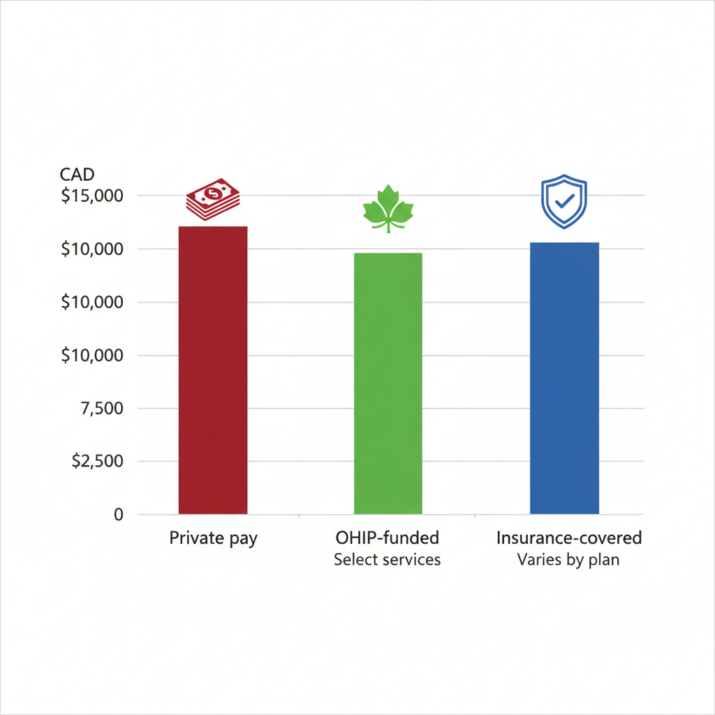 Vertical bar chart of cost ranges for alcohol rehab in Ontario including private pay, OHIP-funded, and insurance options