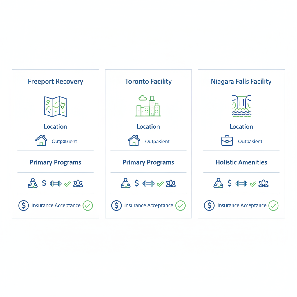 Infographic comparing key features of rehab facilities in Southern Ontario including Freeport Recovery by location, programs, amenities, and insurance.