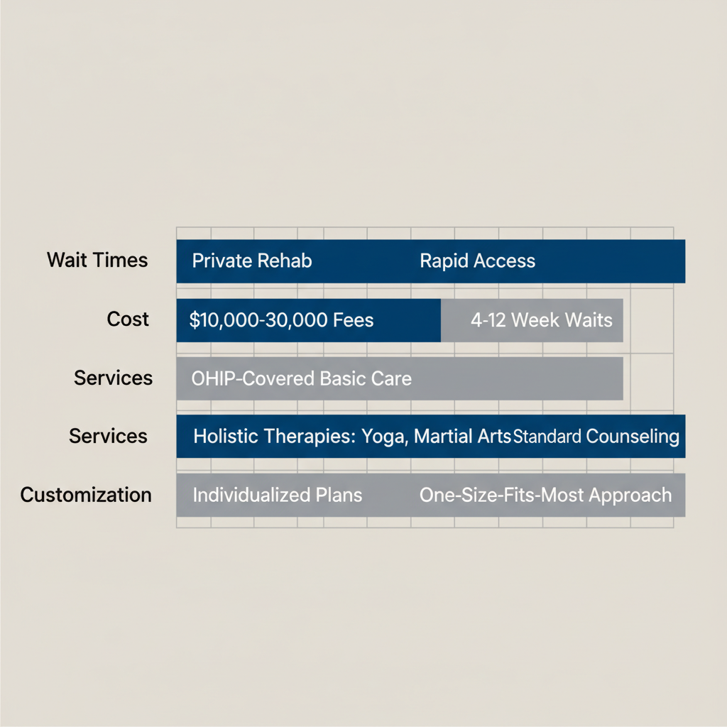 Horizontal bar chart comparing private versus government-funded rehab in Ontario across wait times, costs, services, and customization categories
