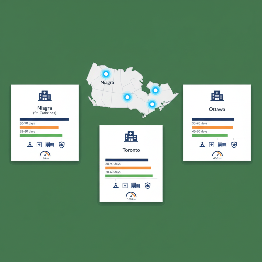 Infographic comparing addiction treatment options across Ontario regions including Niagara, Toronto, and Ottawa