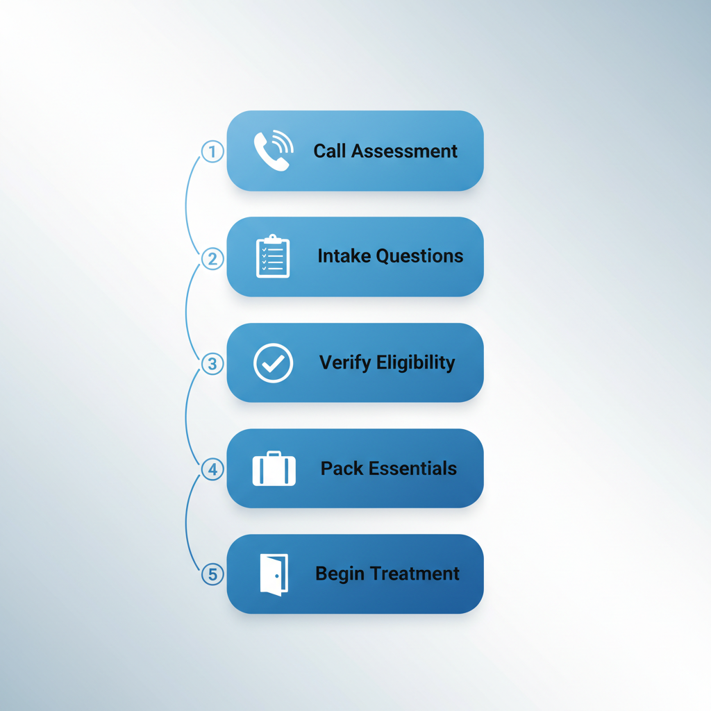 Vertical process flow diagram illustrating the five-step admissions process for inpatient addiction treatment at Freeport Recovery, including calling for assessment, answering intake questions, verifying eligibility, preparing essentials, and beginning treatment.