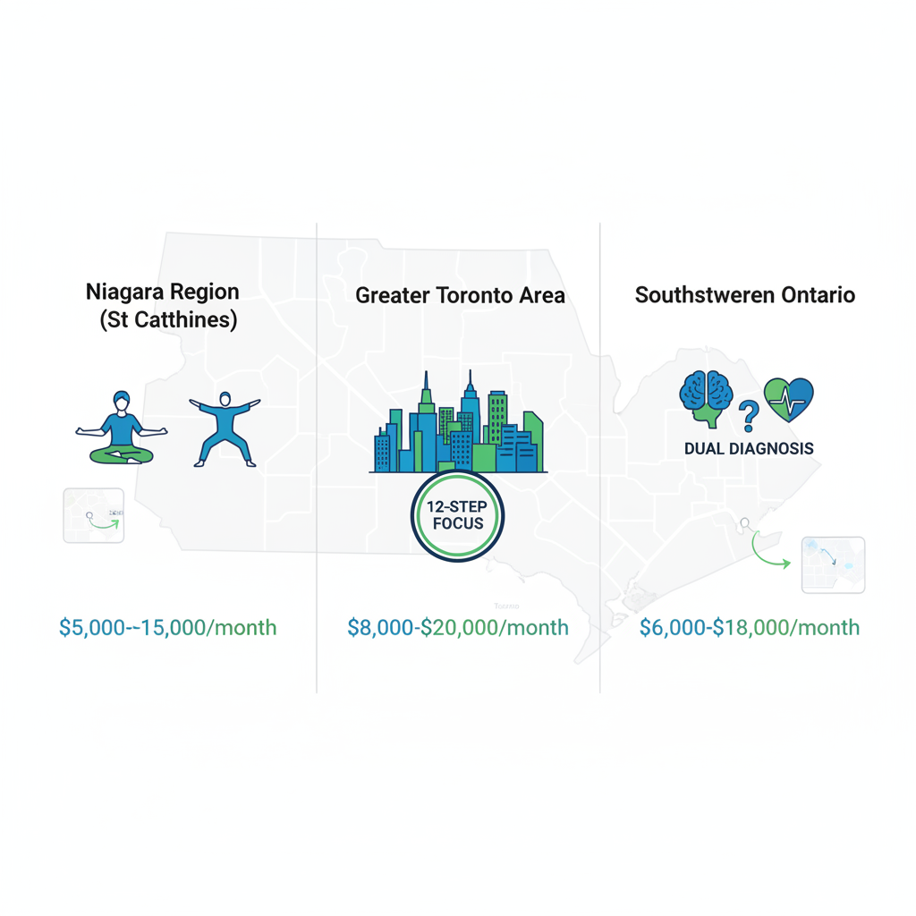 Infographic comparing inpatient rehab areas in Ontario with costs and features.