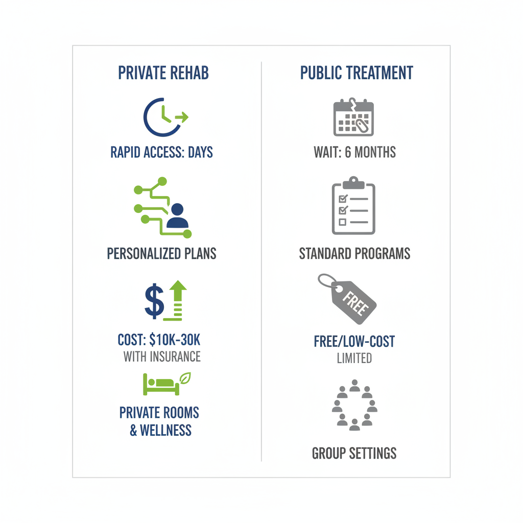 Infographic comparing private rehab options like rapid access and personalized care in Ontario versus public treatment with long waits and basic facilities.