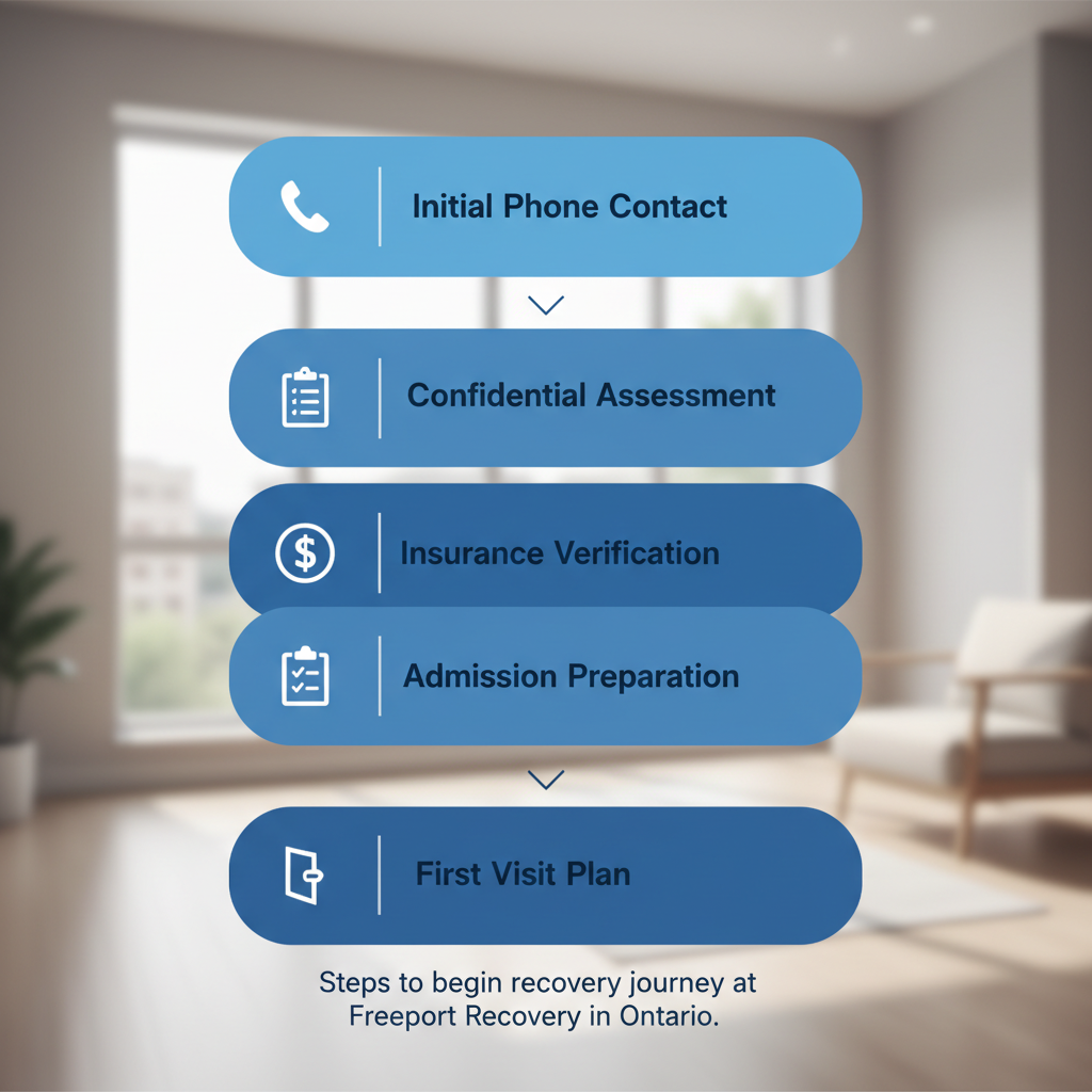Vertical process flow illustrating the five key steps to start recovery treatment at Freeport Recovery center in Ontario, Canada.