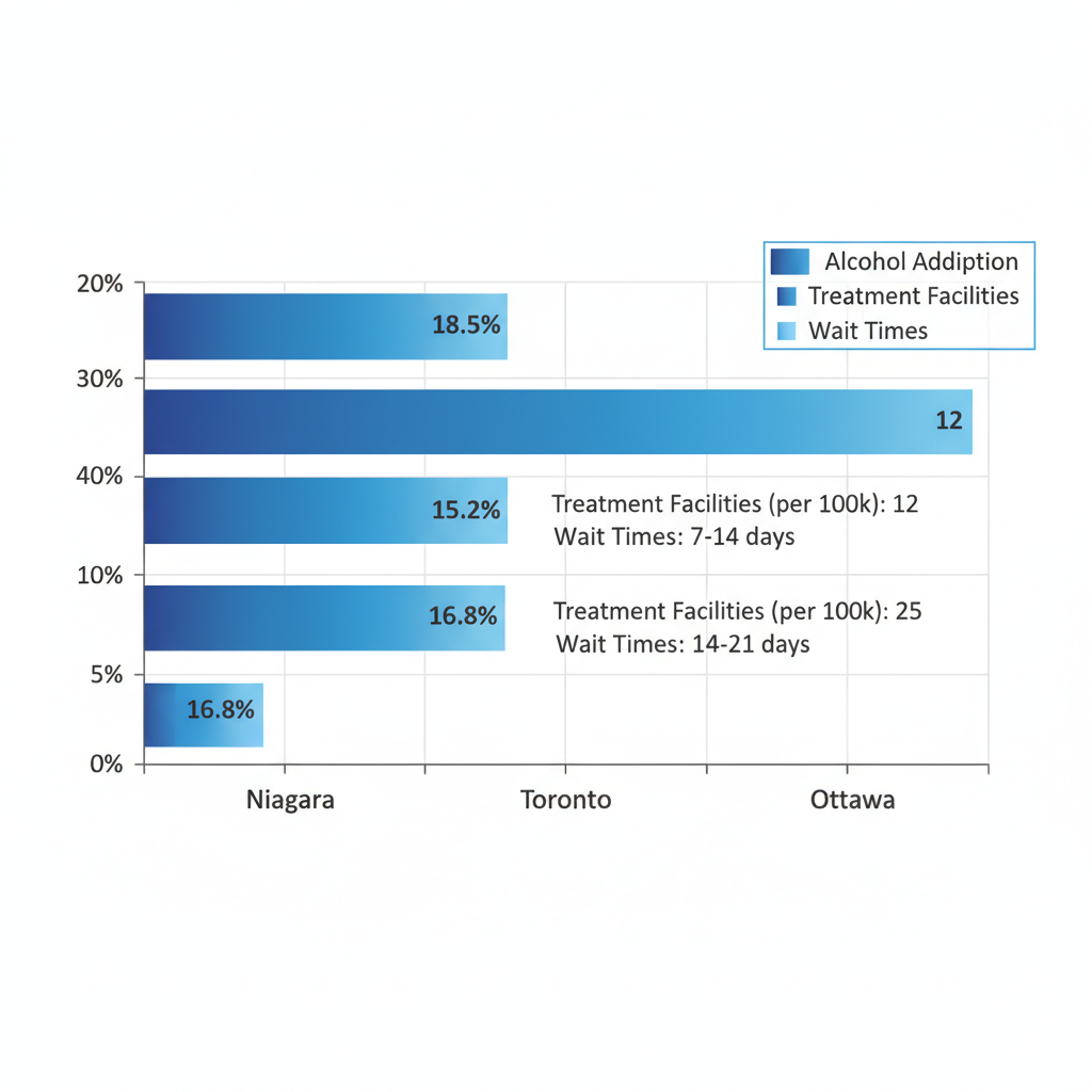 Horizontal bar chart comparing alcohol addiction prevalence, treatment facilities, and wait times in Niagara, Toronto, and Ottawa regions of Ontario.