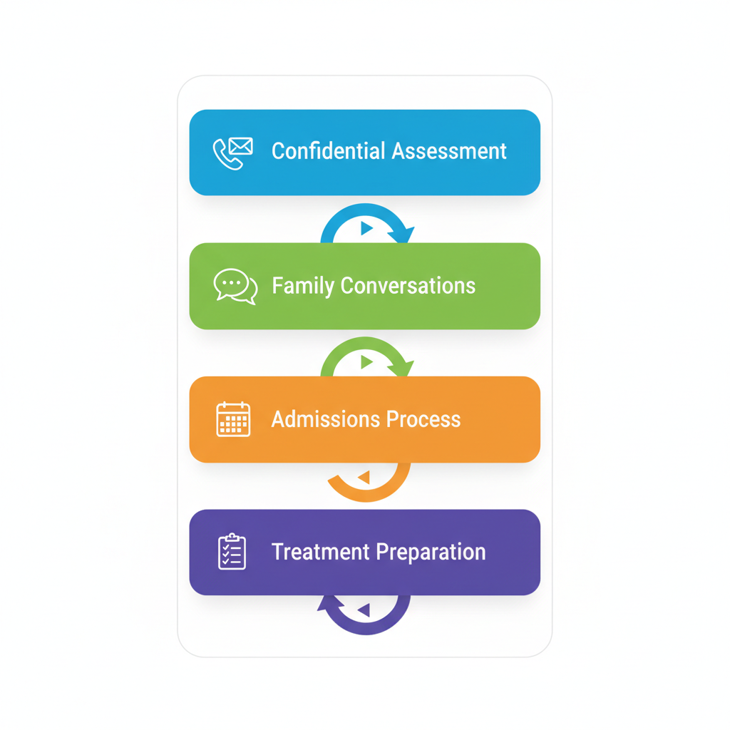 Vertical process flow diagram showing four steps to start alcohol recovery: assessment, family talks, admissions, and preparation.