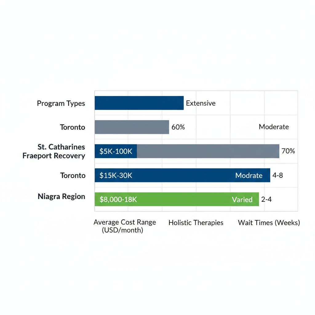 Bar chart comparing key rehab features including program types, costs, therapies, and wait times across St. Catharines, Toronto, and Niagara Region