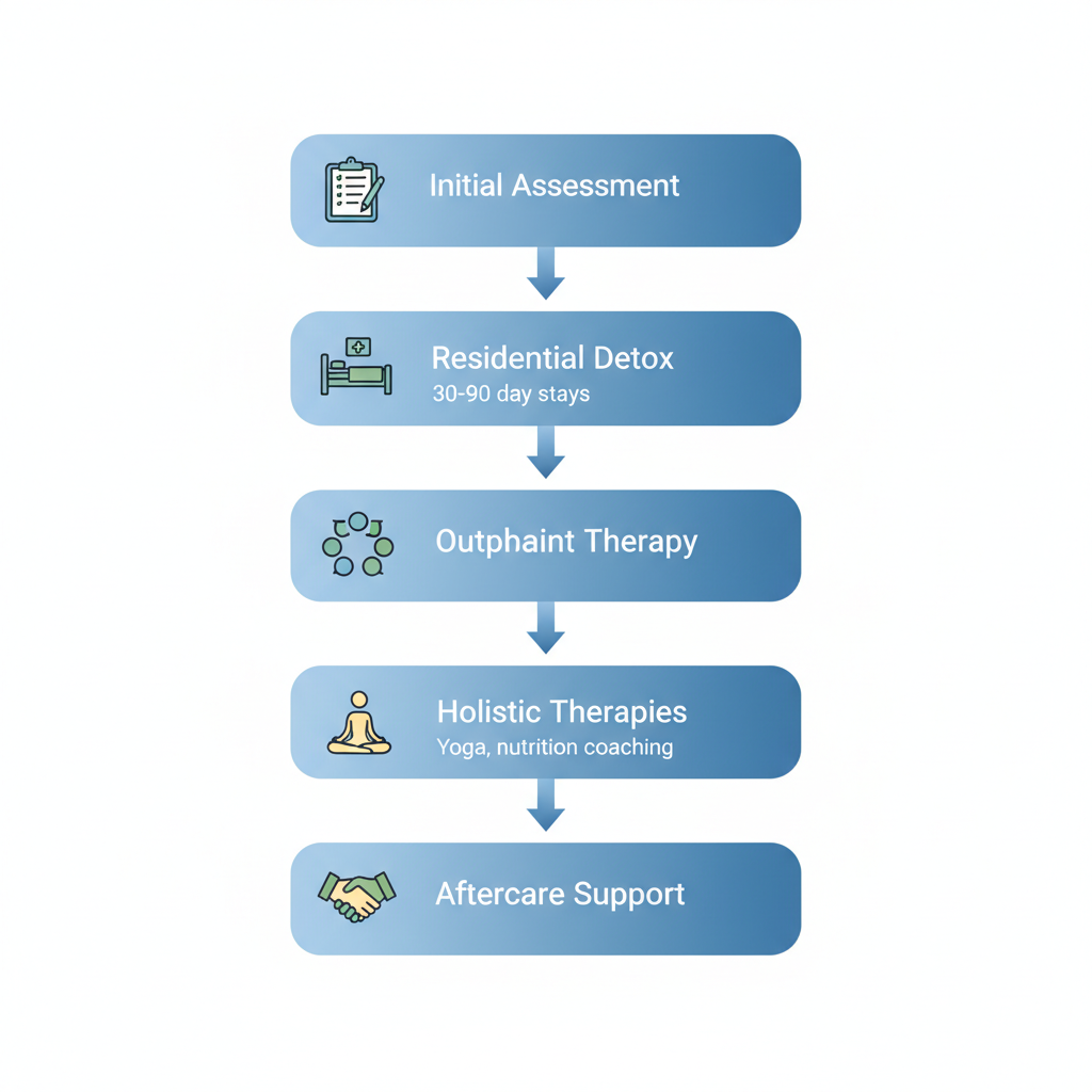 Vertical process flow illustrating the continuum of care at Freeport Recovery from assessment to aftercare.