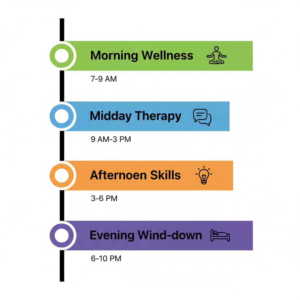 Vertical timeline illustrating a typical day in inpatient addiction treatment, featuring wellness activities, therapy, skills workshops, and evening wind-down.