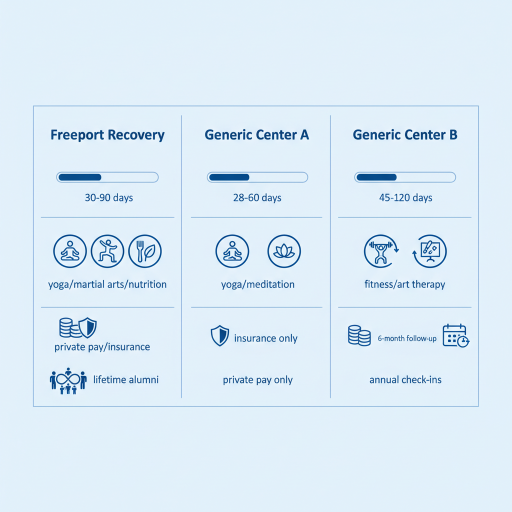 Infographic comparing key features of three private mental health facilities in Ontario including durations, therapies, costs, and support.