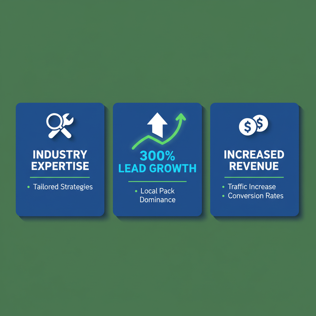 Infographic illustrating benefits of specialized plumbing SEO including expertise, lead generation, and ROI metrics in blue and green tones