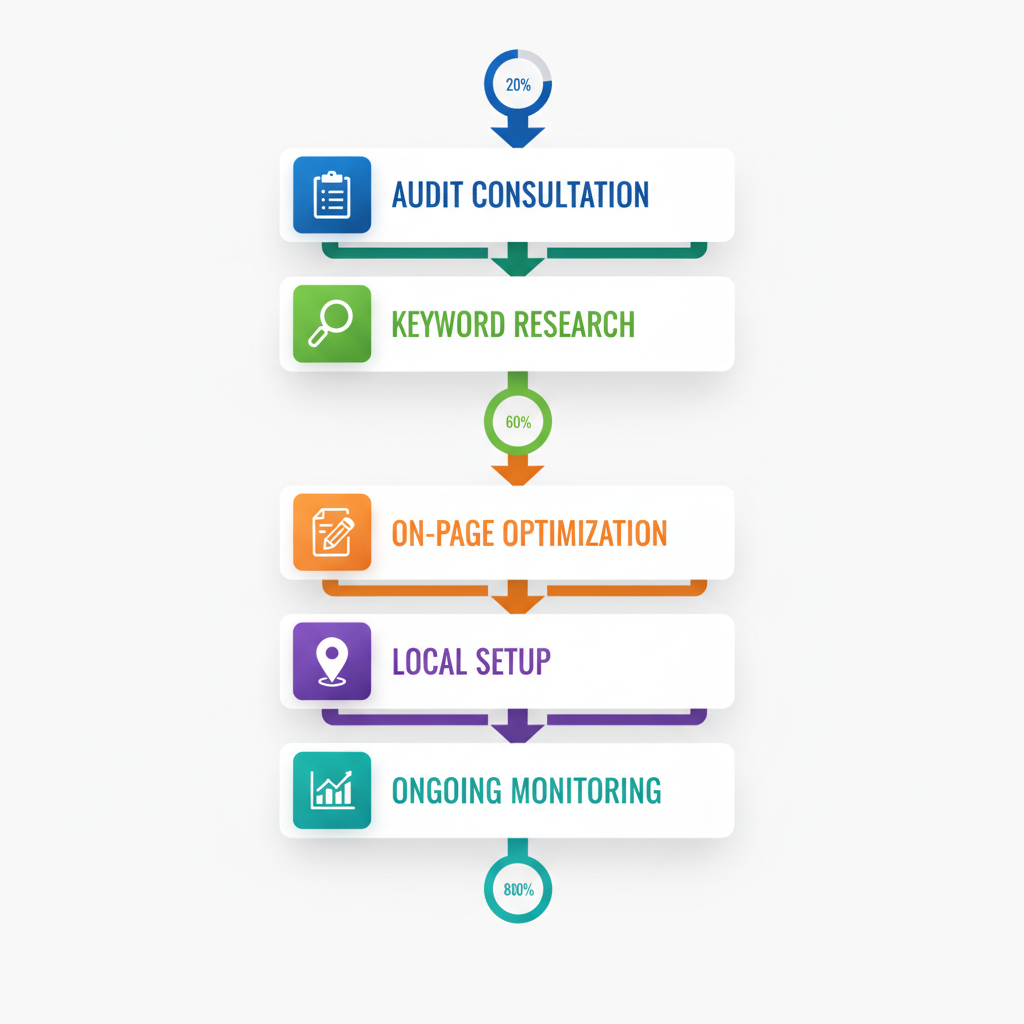 Vertical process flow diagram illustrating the five key stages of implementing plumbing SEO services, from initial audit to ongoing monitoring.