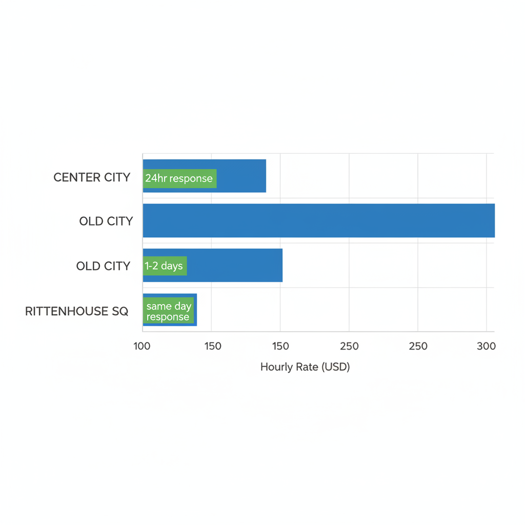 Horizontal bar chart comparing hourly rates and response times for wedding limo services in Philadelphia neighborhoods including Center City, Old City, and Rittenhouse Square