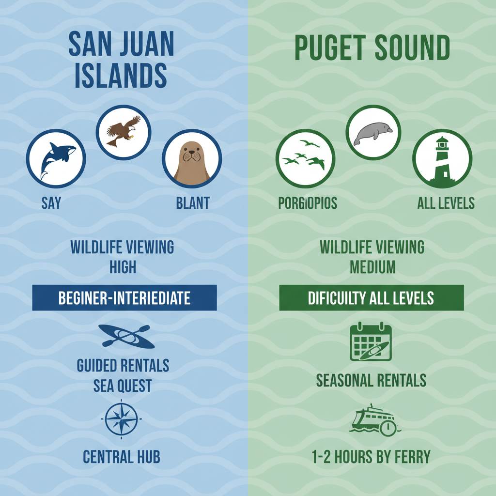 Infographic comparing kayaking areas in San Juan Islands and Puget Sound, highlighting wildlife, difficulty, and rentals.