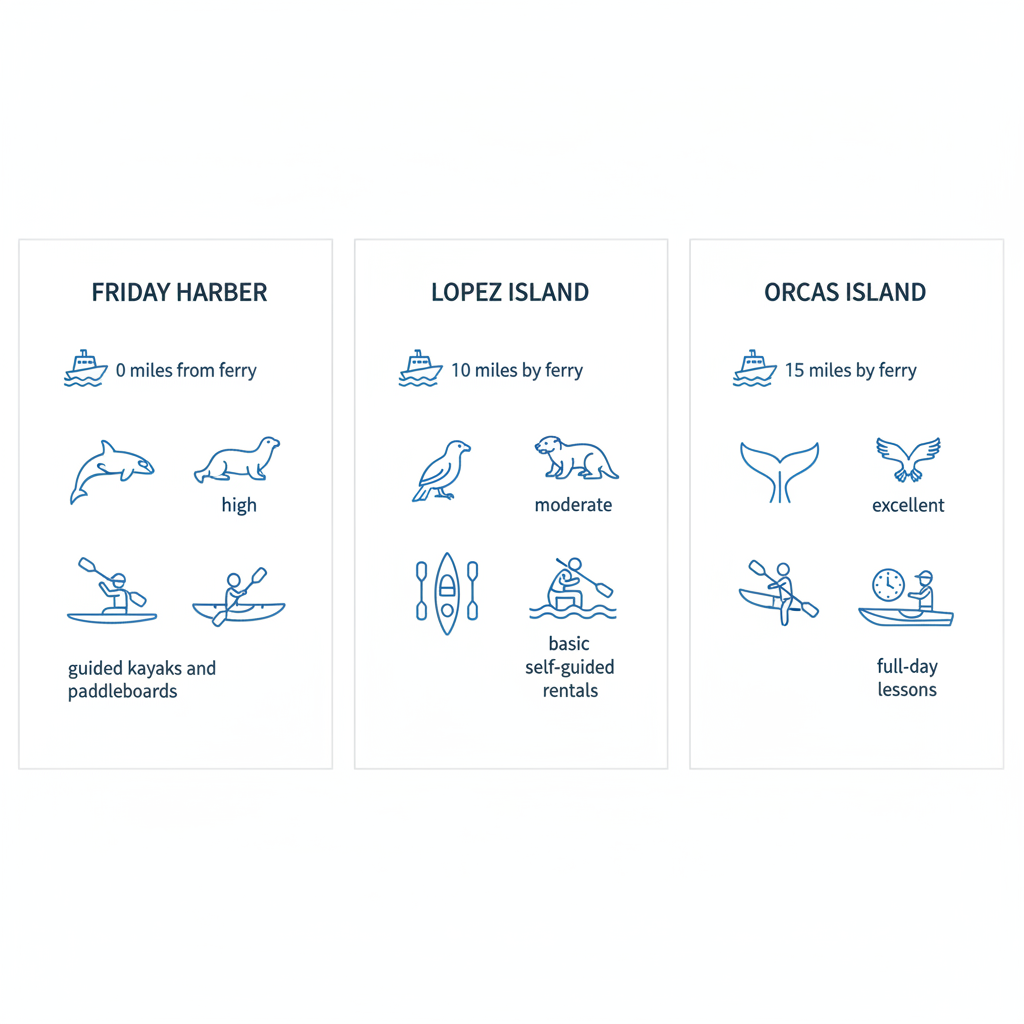 Infographic comparing kayak rental locations in the San Juan Islands: Friday Harbor, Lopez Island, and Orcas Island with distances, wildlife, and features.