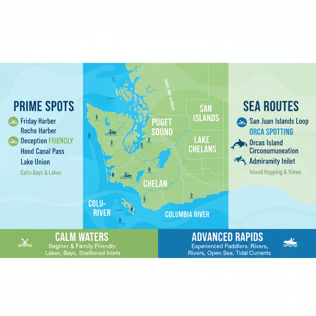 Colorful infographic map of kayaking spots in Washington State, highlighting San Juan Islands and Puget Sound with icons for beginner and advanced areas.