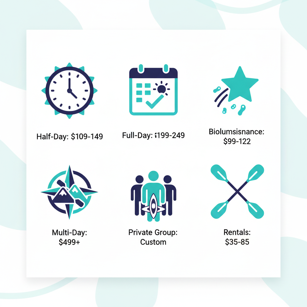 Grid of minimalist icons depicting kayak tour options including half-day, full-day, night paddle, multi-day, private group, and rental.