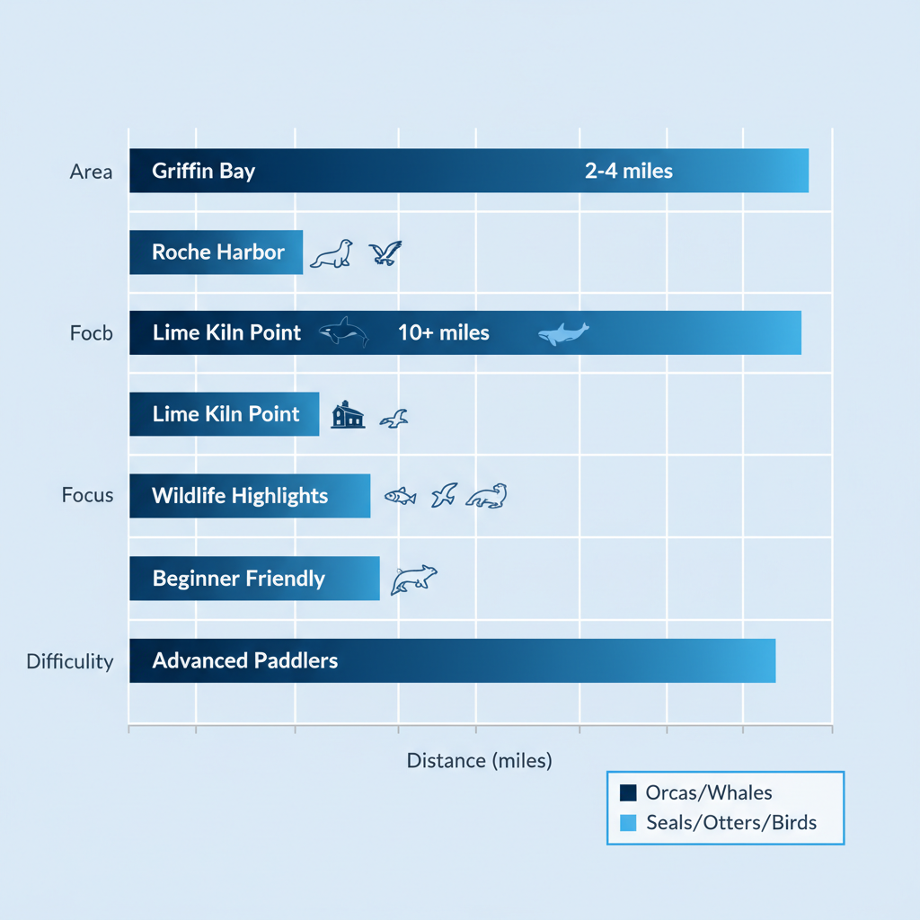 Horizontal bar chart comparing San Juan Islands kayaking areas by distance, wildlife, and suitability levels