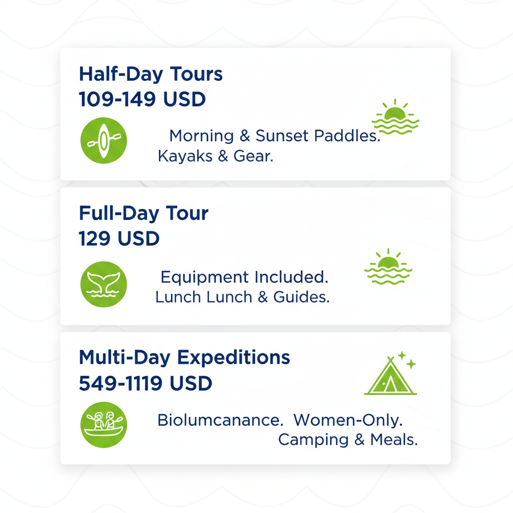 Infographic showing available kayak tour options and pricing in Friday Harbor San Juan Islands