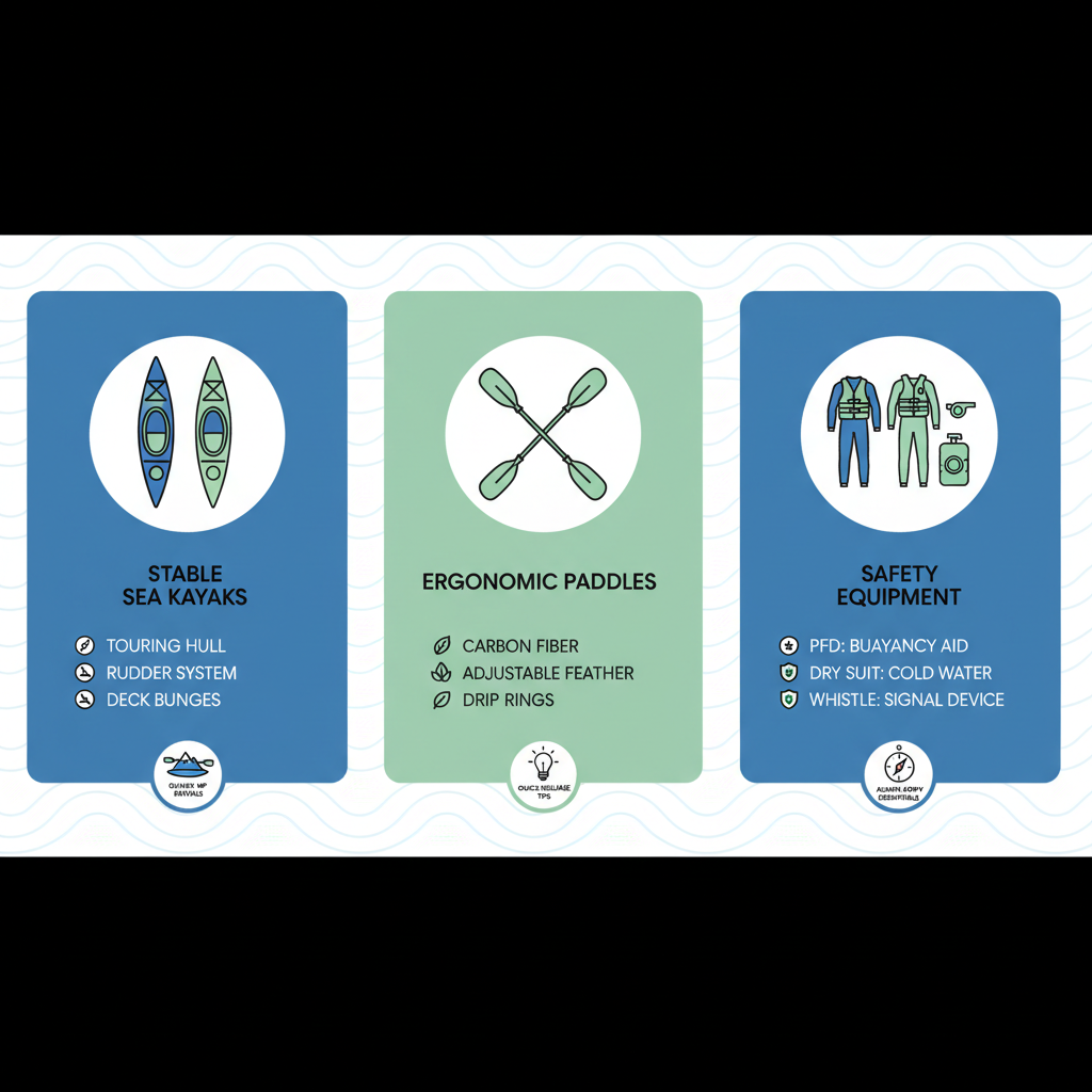 Infographic illustrating essential kayaking gear for Washington State including kayaks, paddles, and safety items with icons and feature highlights.