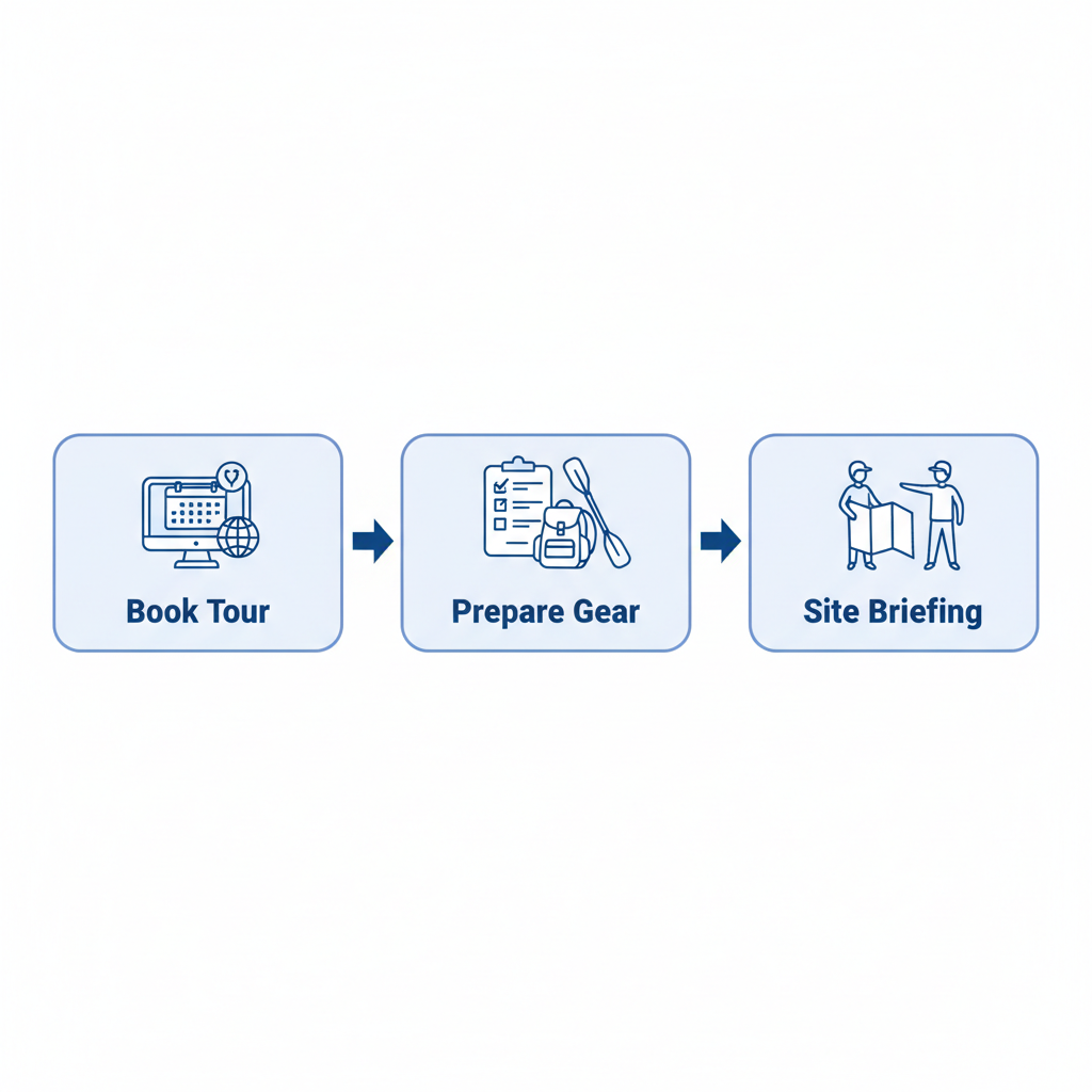 Horizontal process flow diagram illustrating booking, preparation, and on-site briefing stages for sea kayaking tours in Washington.