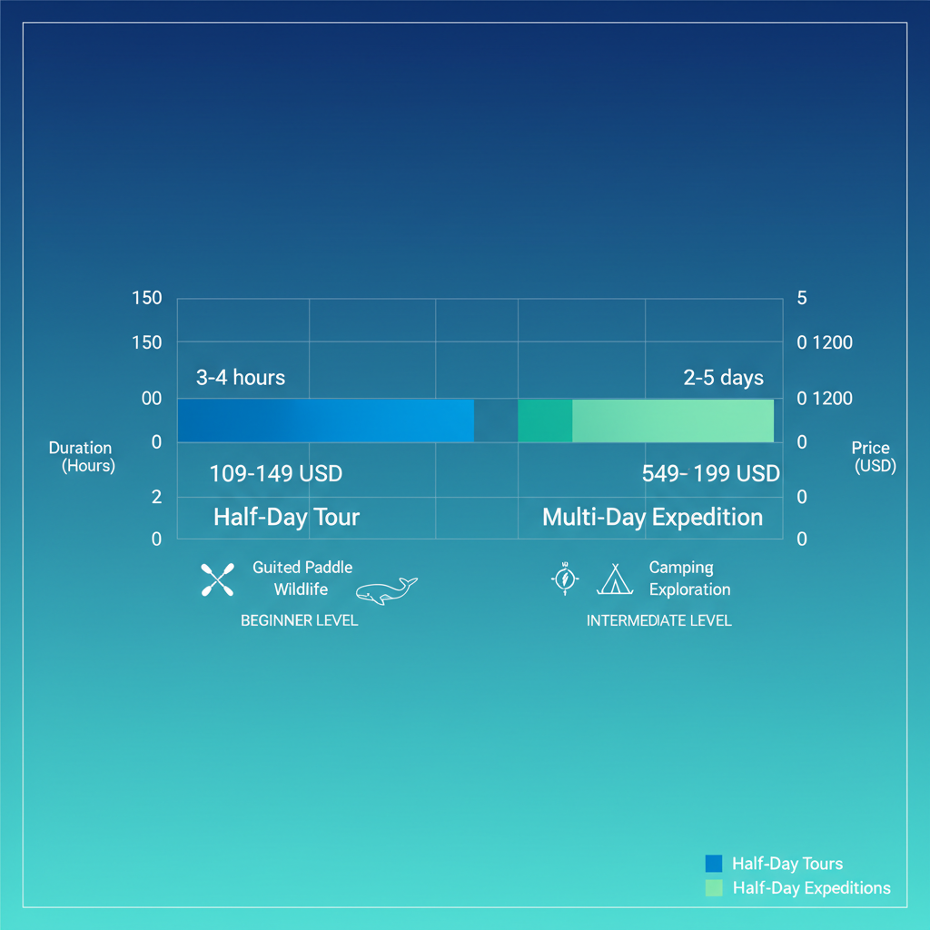 Horizontal bar chart comparing half-day and multi-day kayak tours in the San Juan Islands, showing duration and price differences with icons for features.