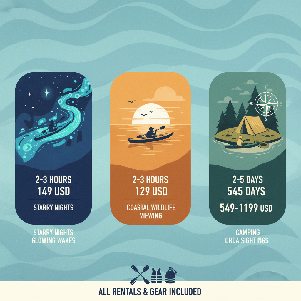 Infographic comparing sunset, bioluminescent night, and multi-day kayak tours in San Juan Islands with durations, prices, and highlights