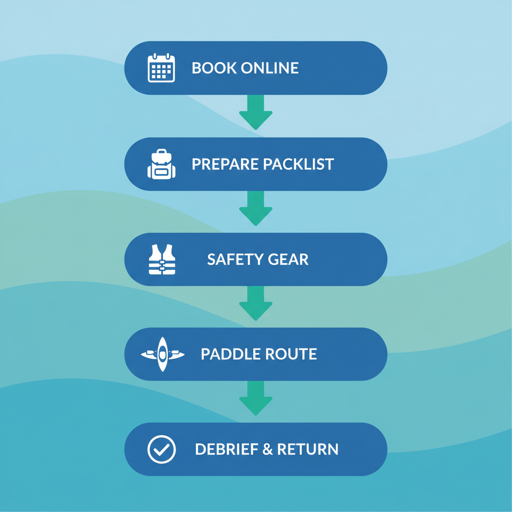 Vertical process flow diagram illustrating the five key steps of guided kayaking tours from booking to debrief.