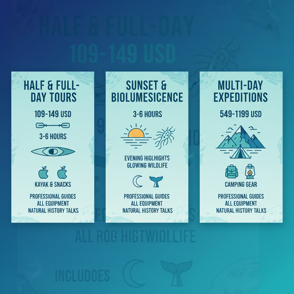 Infographic summarizing guided kayak tour types, durations, prices, and inclusions in the San Juan Islands