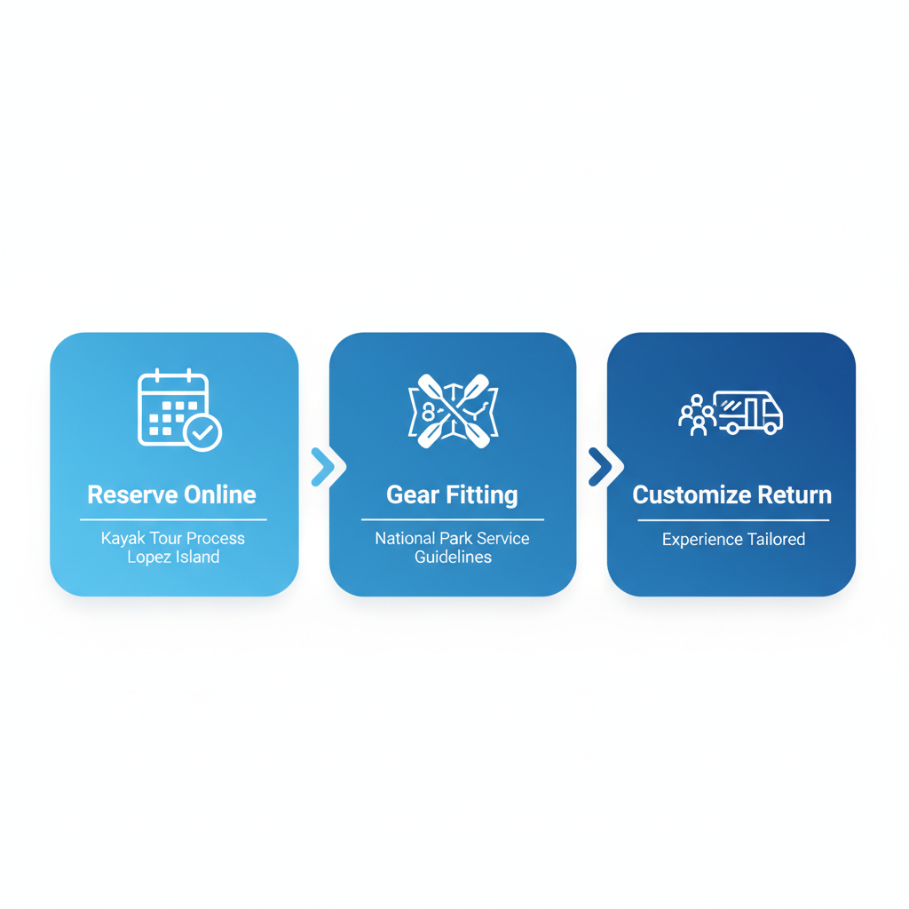 Process flow diagram illustrating three stages of kayak tours on Lopez Island: booking, gear fitting and paddling, customization and return.