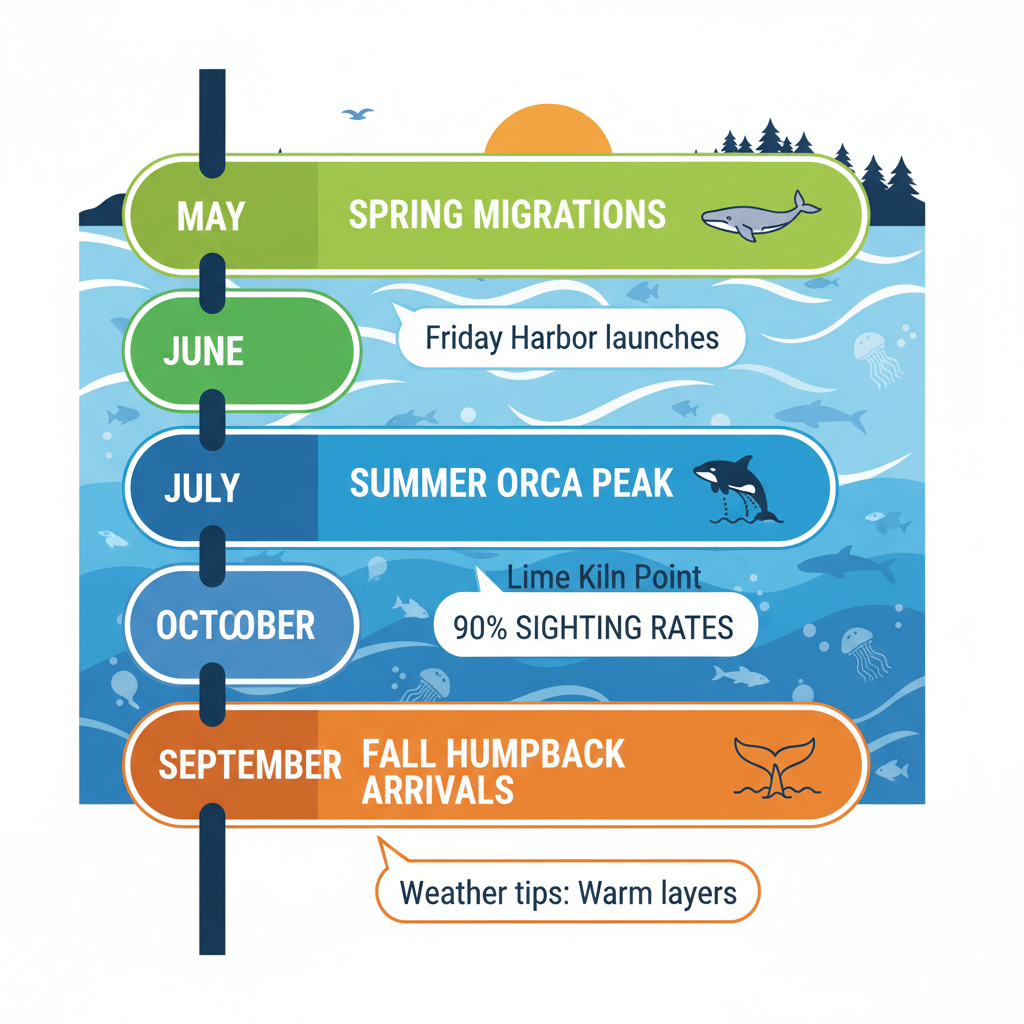 Vertical timeline showing whale watching seasons in the San Juan Islands from May to October with seasonal colors and key locations.