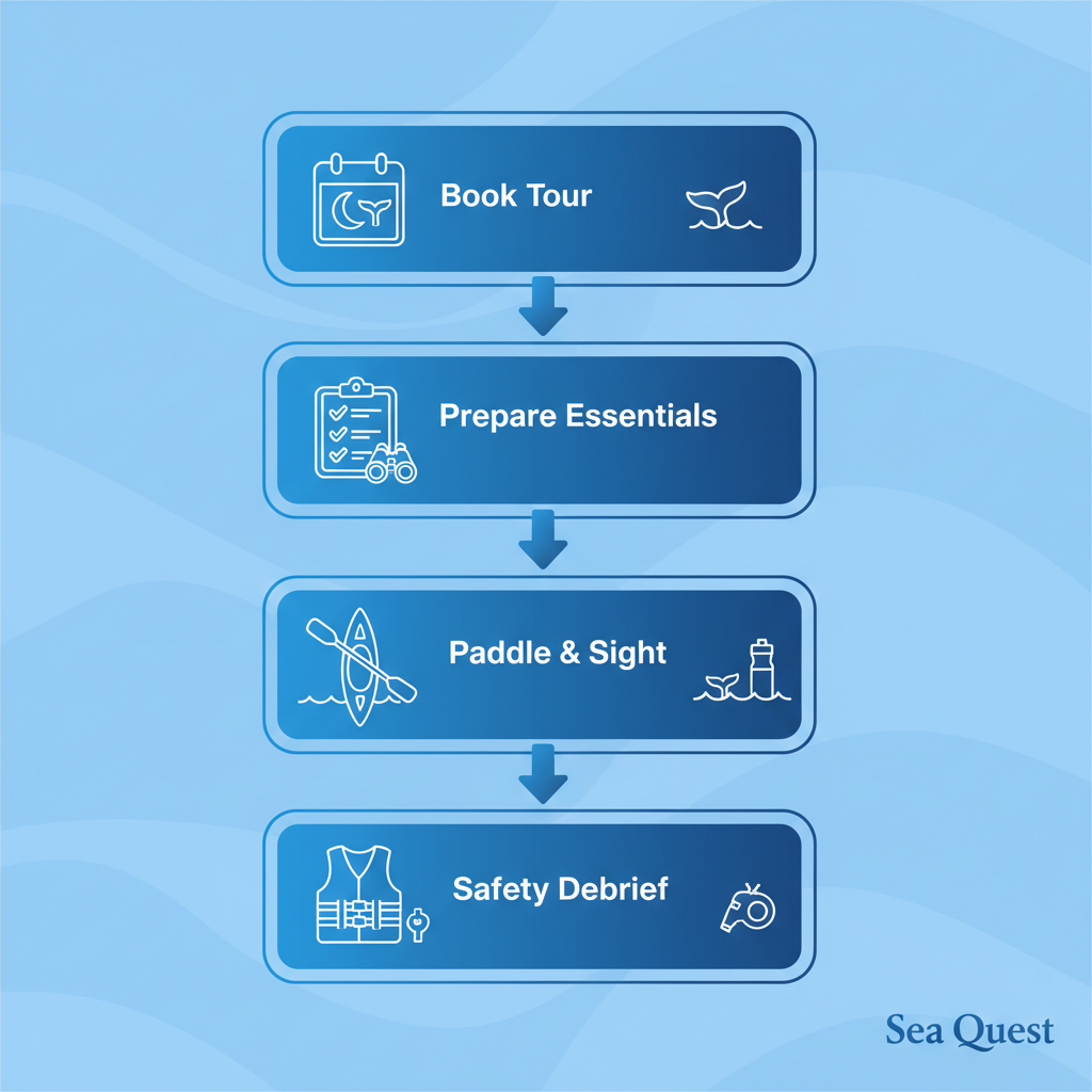 Step-by-step vertical diagram illustrating the whale watching kayak tour process: booking, preparation, on-tour experience, and safety wrap-up with Sea Quest.