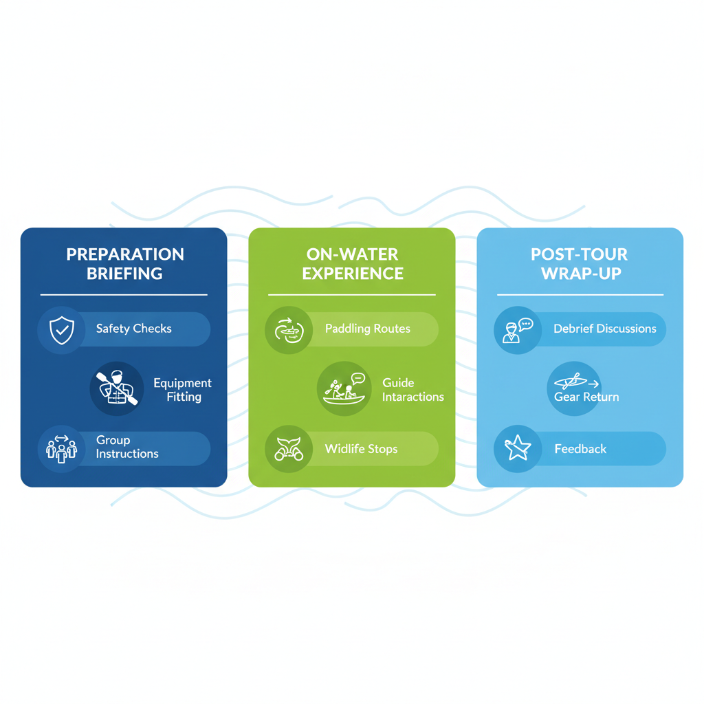 Horizontal process flow diagram showing three stages of a guided kayak tour: preparation, on-water experience, and post-tour wrap-up with nautical icons.