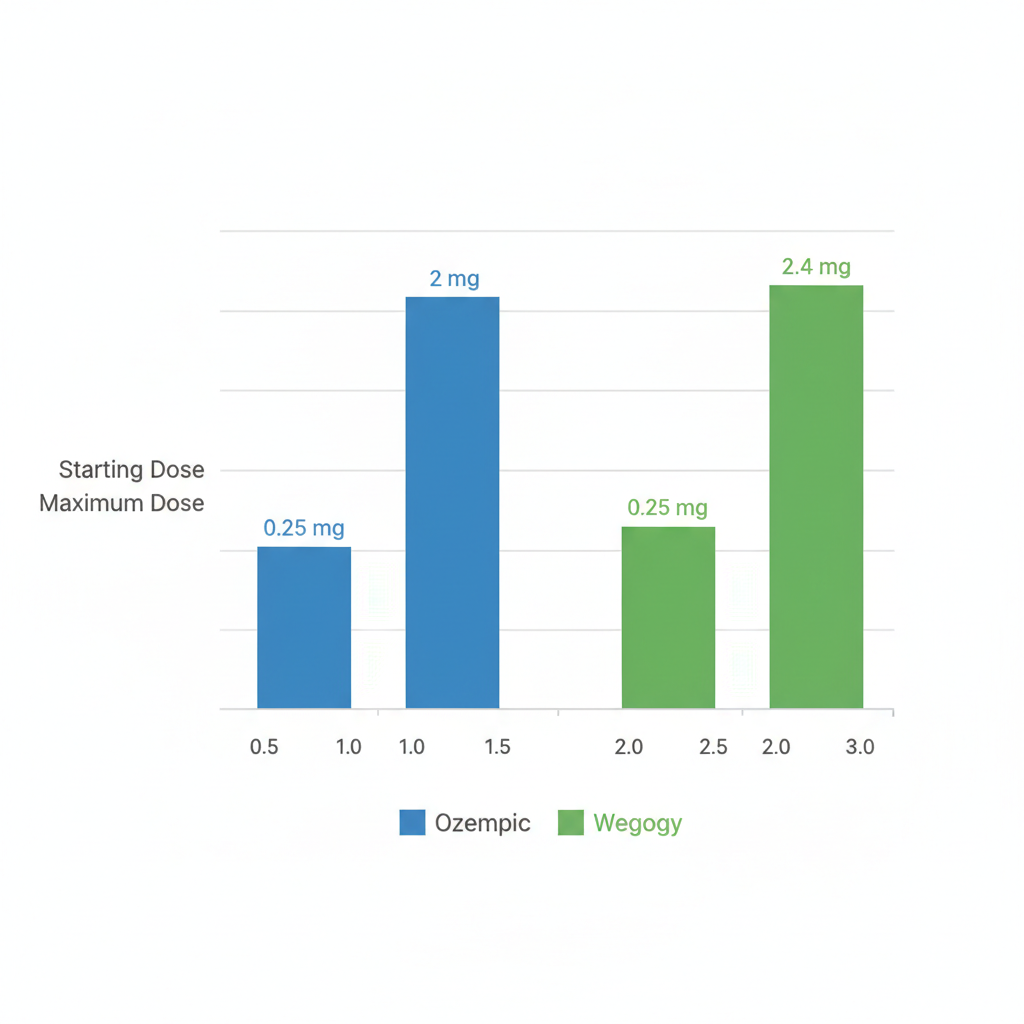 Bar chart comparing starting and maximum dosages of Ozempic and Wegovy medications.
