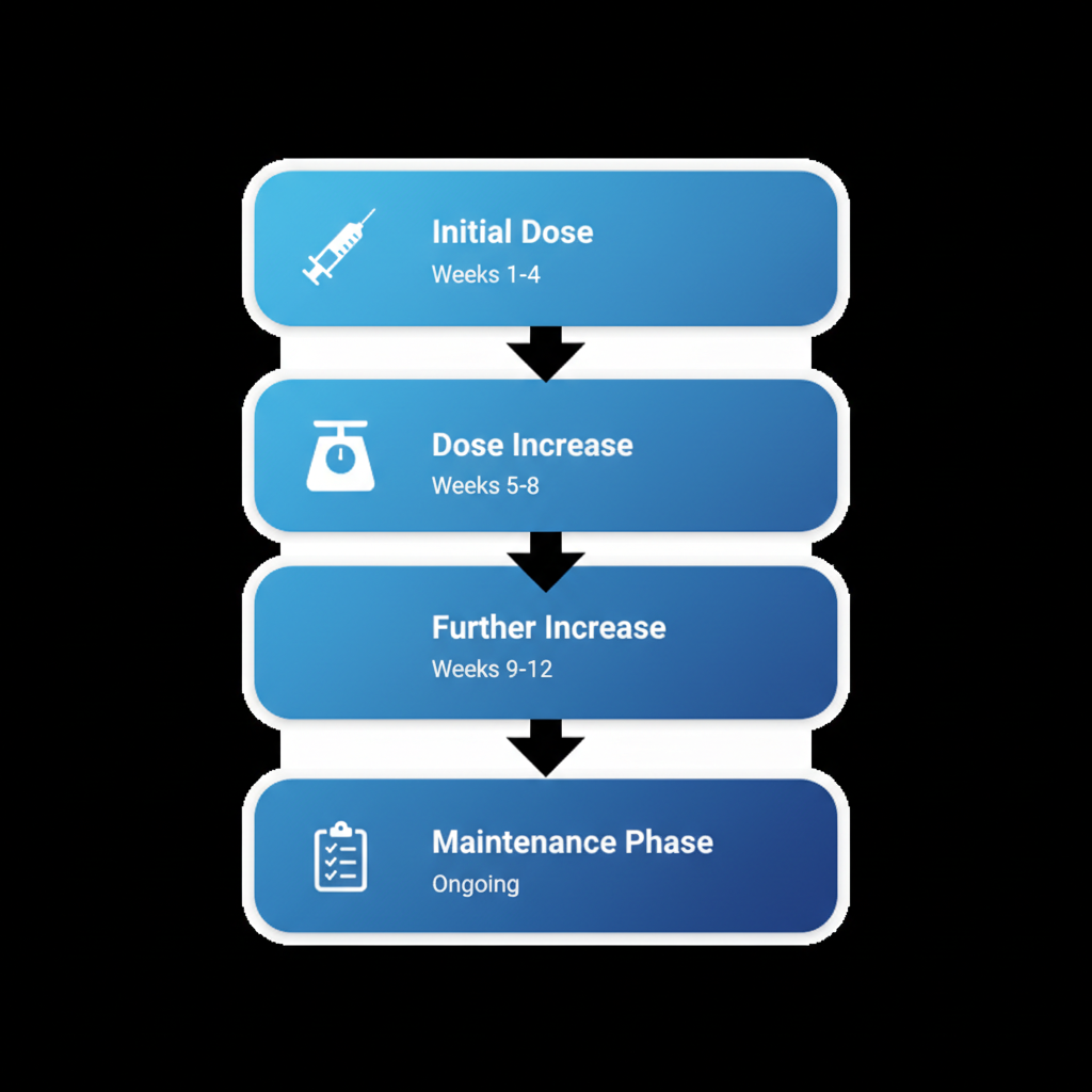 Vertical process flow diagram illustrating Ozempic dosage titration schedule for weight loss