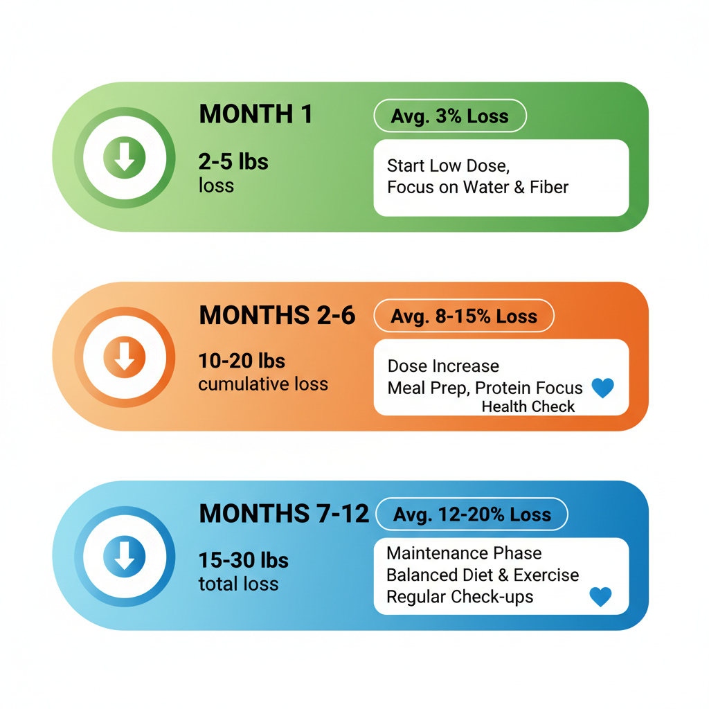Vertical timeline illustrating Ozempic weight loss progress over 12 months with markers and tips