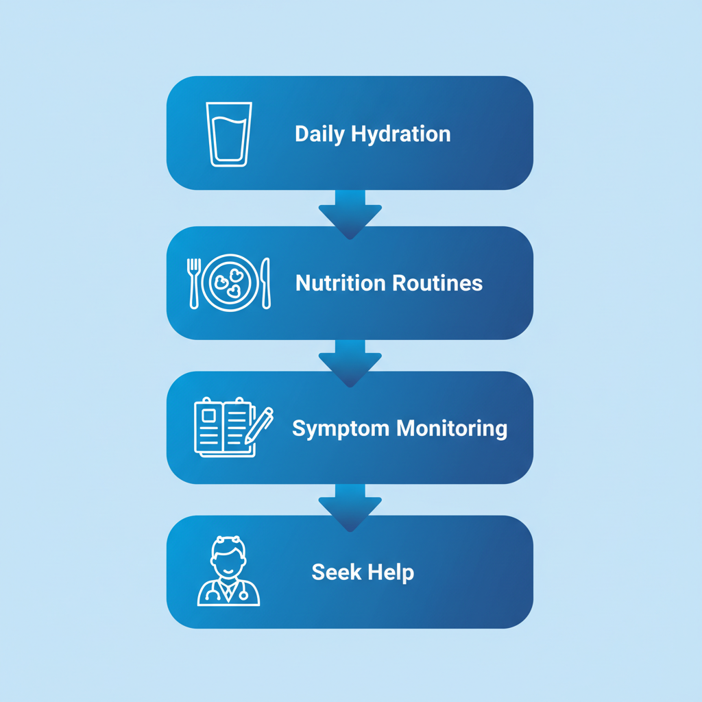 Process flow diagram illustrating steps to prevent and relieve Ozempic headaches: daily hydration, nutrition routines, symptom monitoring, and seeking professional help.