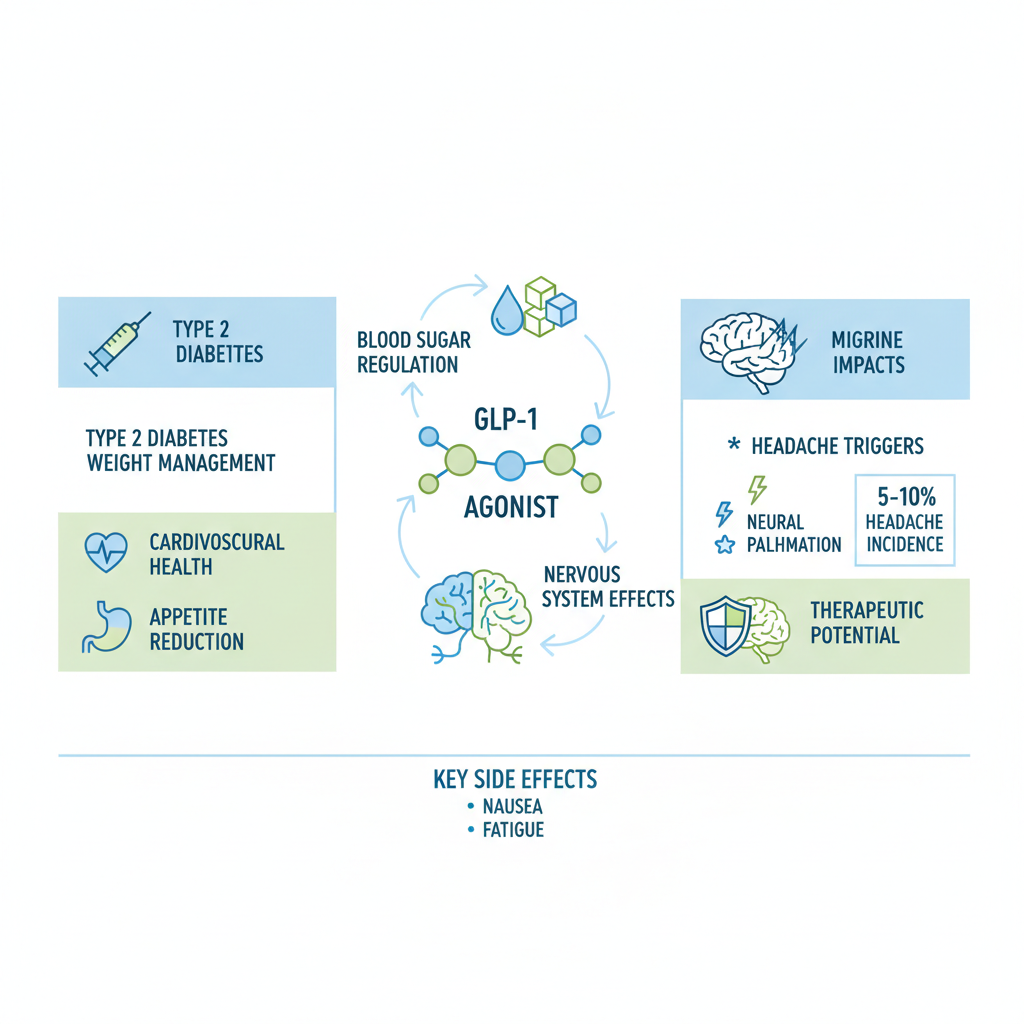 Infographic overview of Ozempic medication, its primary uses, potential links to migraines, and key side effects with incidence stats.