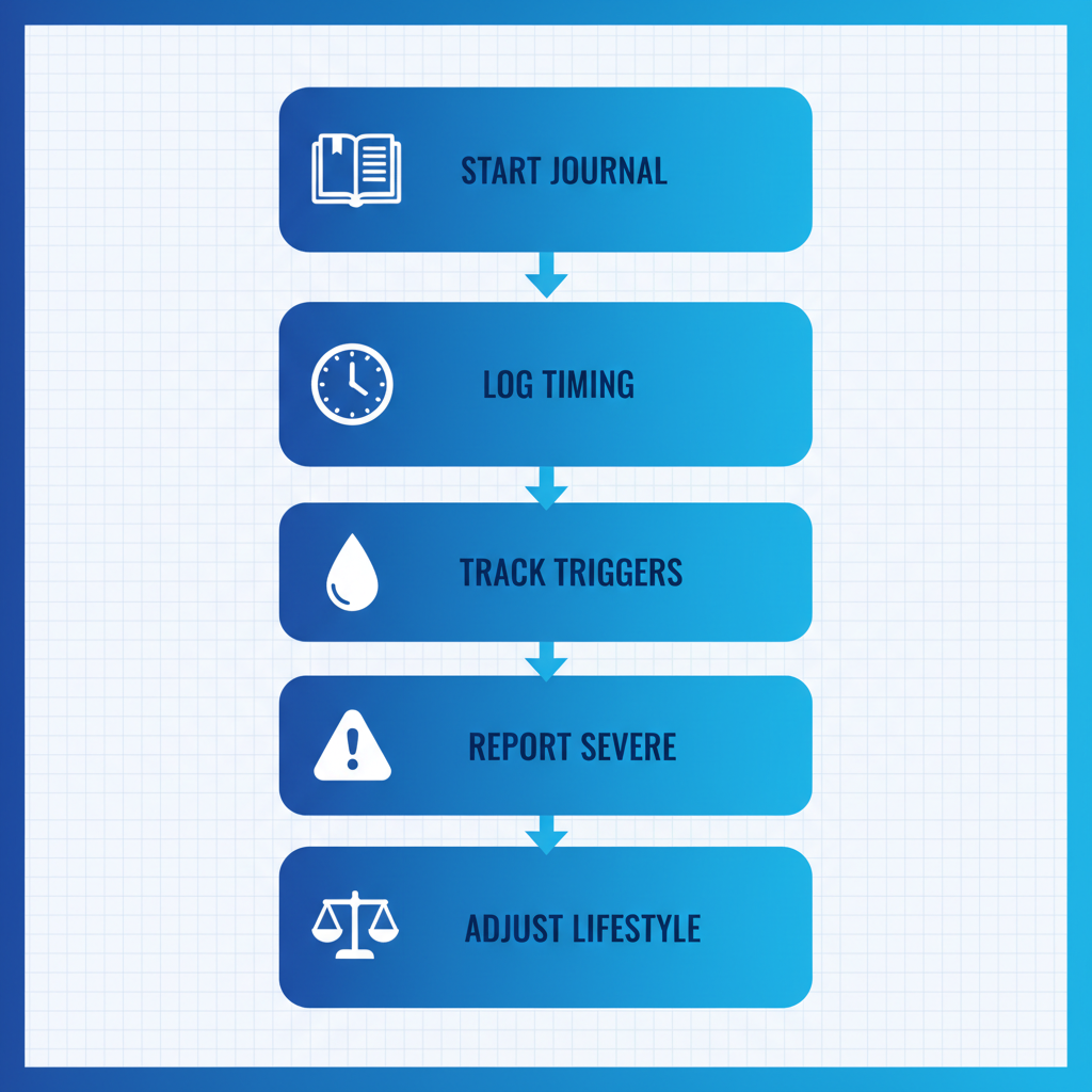 Vertical process flow diagram illustrating five steps to monitor initial Ozempic side effects for migraines with icons and labels.