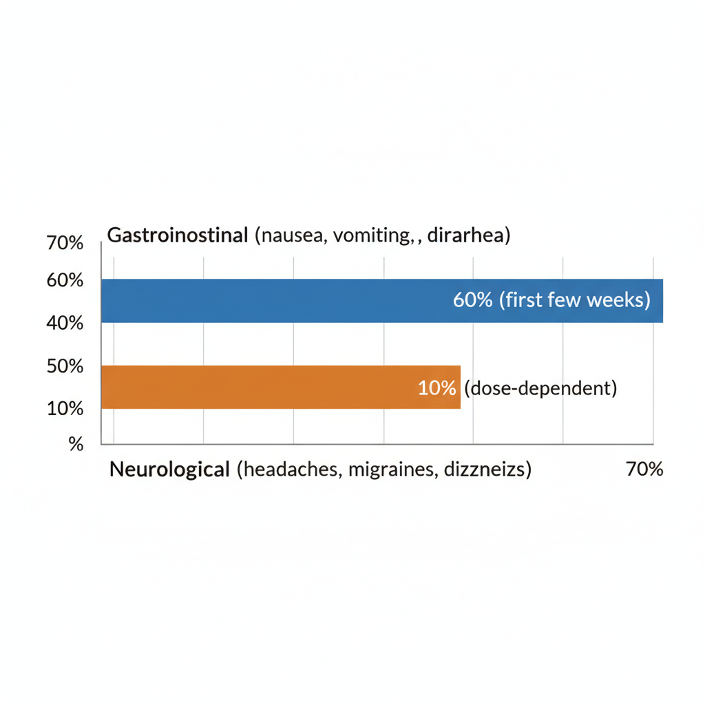 Horizontal bar chart depicting frequency of common Ozempic side effects: Gastrointestinal at 50-70% and Neurological at 5-15%.