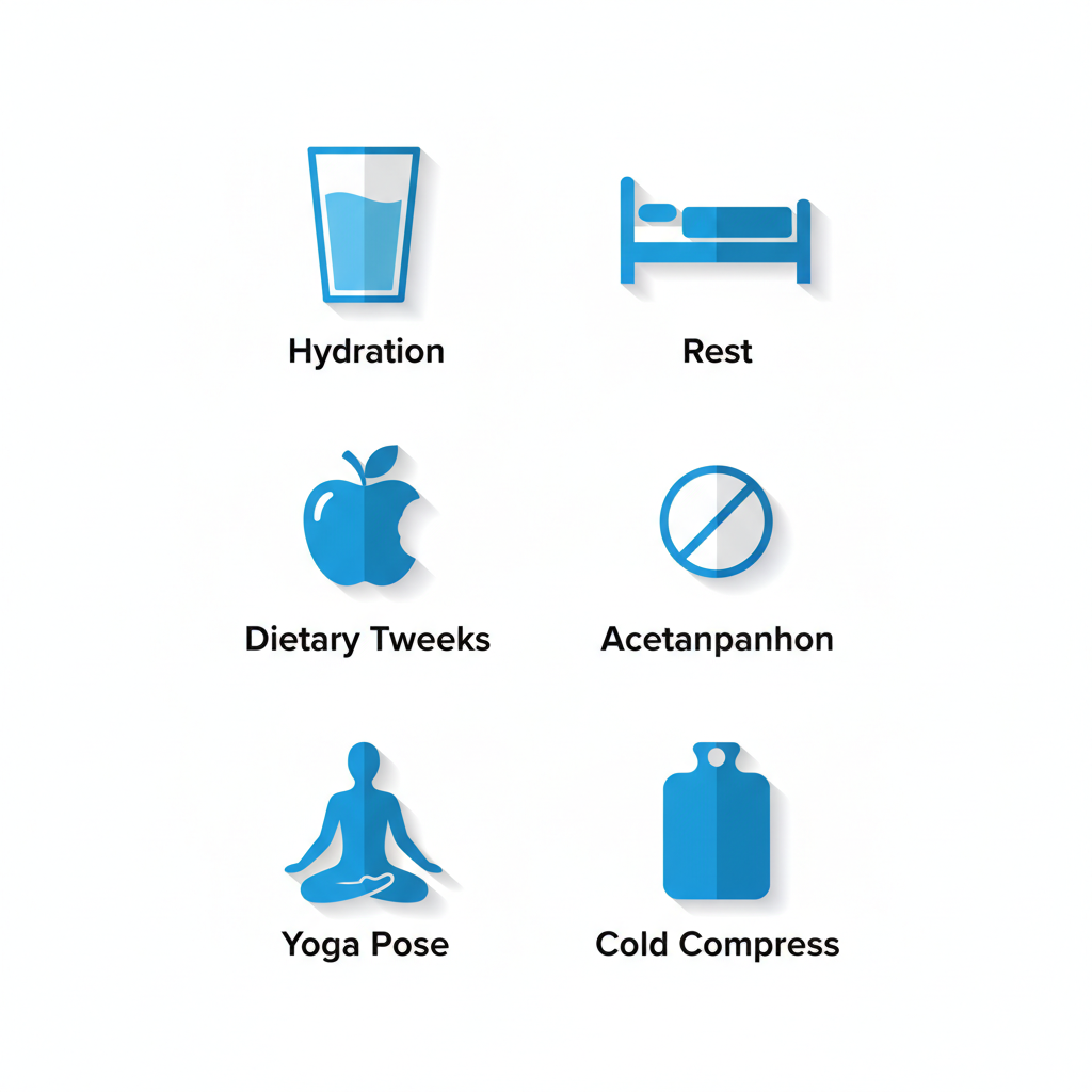 Grid of six icons depicting strategies for managing headaches from Ozempic: hydration with water glass, rest on bed, dietary tweaks with apple, acetaminophen pill, yoga pose, and cold compress with ice pack.