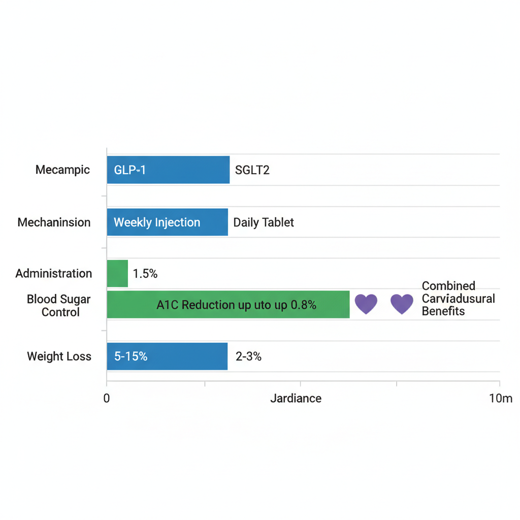 Bar chart comparing Ozempic and Jardiance key features: mechanism, administration, blood sugar control, and weight loss benefits.