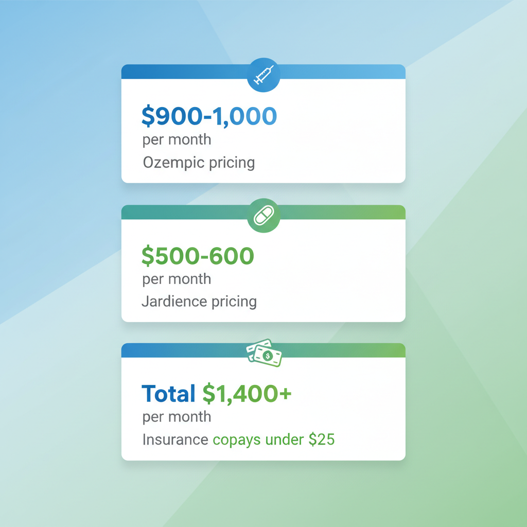 Infographic showing cost breakdown for combining Ozempic and Jardiance medications, including monthly prices and insurance savings.